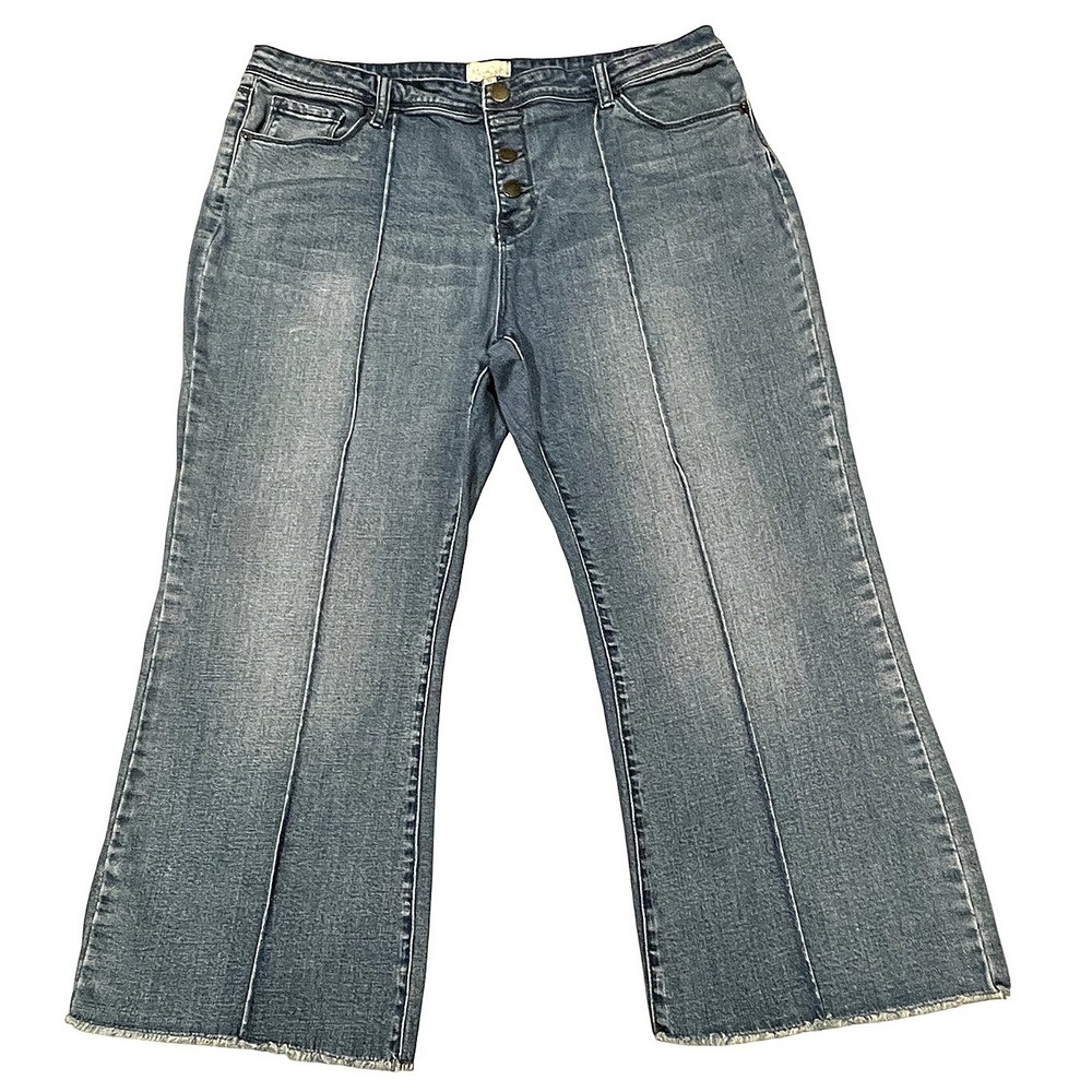 ModCloth Wide Leg  Raw Hem Crop High Rise Flair Denim Jeans 34x24‎ Women's